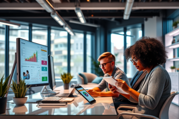 Equipo de profesionales colaborando en una oficina moderna usando redes sociales para promocionar su empresa y aumentar ventas