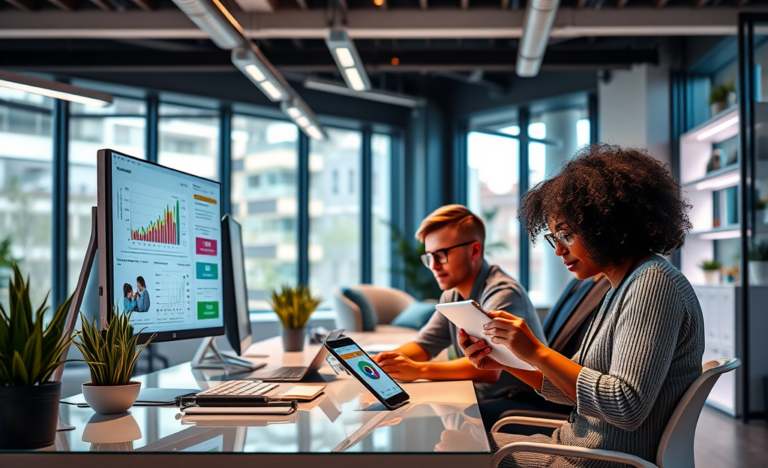 Equipo de profesionales colaborando en una oficina moderna usando redes sociales para promocionar su empresa y aumentar ventas
