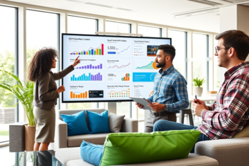 Profesionales colaborando en oficina moderna analizando gráficos de SEO y anuncios que llaman la atención para generar leads