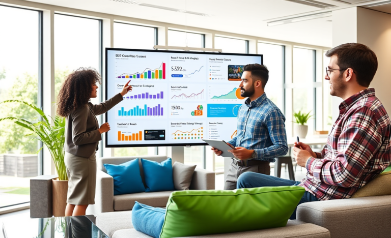 Profesionales colaborando en oficina moderna analizando gráficos de SEO y anuncios que llaman la atención para generar leads