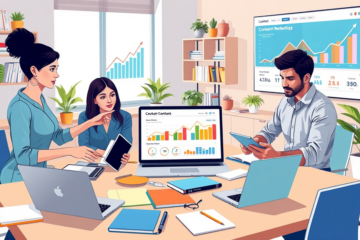 Equipo moderno colaborando en marketing de contenido para atraer clientes, impulsando SEO y eCPM en oficina luminosa con gráficos y dispositivos digitales