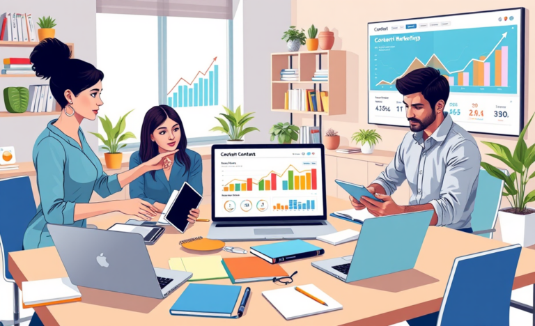 Equipo moderno colaborando en marketing de contenido para atraer clientes, impulsando SEO y eCPM en oficina luminosa con gráficos y dispositivos digitales