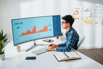 Profesional de marketing digital en oficina moderna trabajando en SEO para aumentar visitas y mejorar eCPM con gráficos y estrategias visibles