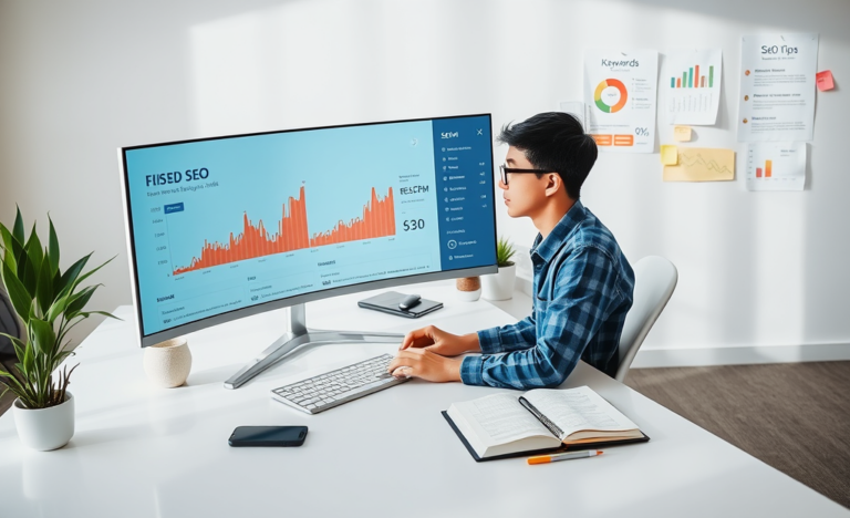 Profesional de marketing digital en oficina moderna trabajando en SEO para aumentar visitas y mejorar eCPM con gráficos y estrategias visibles