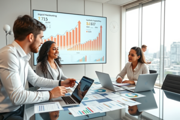 Equipo diverso en oficina moderna colaborando en marketing digital para negocios, reuniendo clientes y optimizando resultados