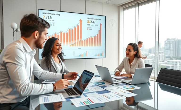 Equipo diverso en oficina moderna colaborando en marketing digital para negocios, reuniendo clientes y optimizando resultados