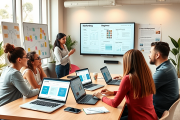 Personas aprendiendo en un curso de marketing digital para principiantes con laptops y pizarras estratégicas en un espacio moderno y bien iluminado