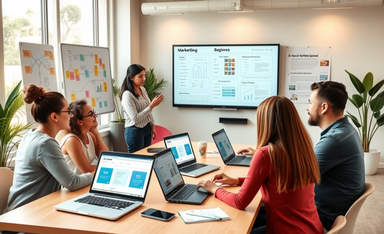 Personas aprendiendo en un curso de marketing digital para principiantes con laptops y pizarras estratégicas en un espacio moderno y bien iluminado