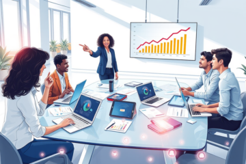 Equipo diverso en oficina moderna colaborando en estrategias de marketing digital para más leads y ventas con pantallas y gráficos