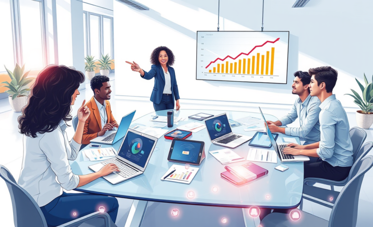 Equipo diverso en oficina moderna colaborando en estrategias de marketing digital para más leads y ventas con pantallas y gráficos