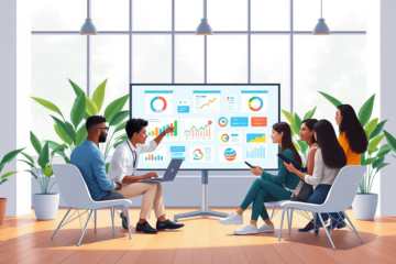 Grupo diverso de jóvenes en espacio de trabajo colaborativo aprendiendo marketing digital para principiantes con pantalla mostrando gráficos coloridos
