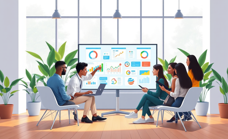 Grupo diverso de jóvenes en espacio de trabajo colaborativo aprendiendo marketing digital para principiantes con pantalla mostrando gráficos coloridos